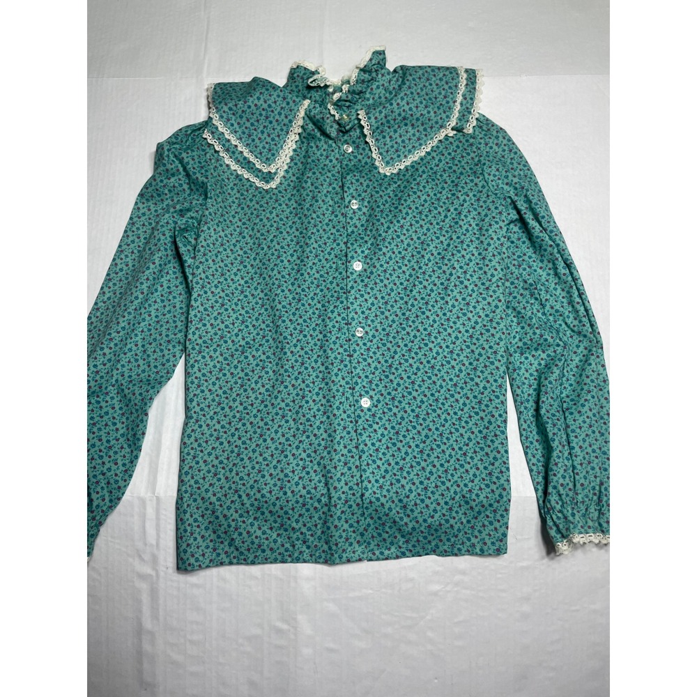 Bryn Mawr Bobbie Brooks Vintage Teal Floral Lace Sailor Collar Blouse 12 5562 - Picture 2 of 8